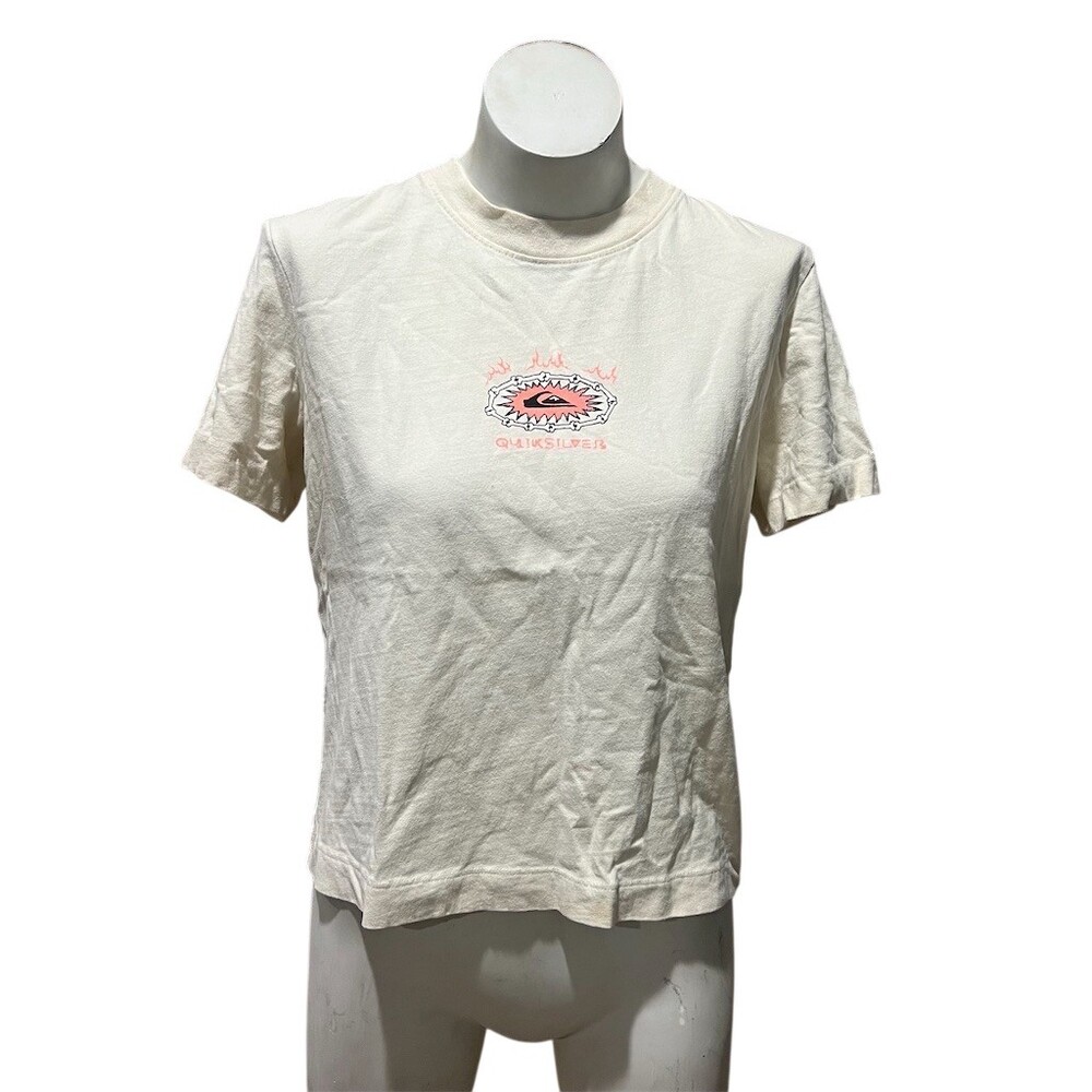 Quiksilver T-Shirt Womens M Cream Graphic Logo Crew Neck Short Sleeve Tee